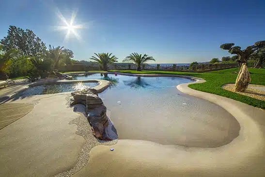 Wide angle image of a beach entry pool